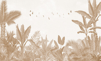Aged Coastal Wall Mural: Faded Brown Palm Trees & Flying Birds Scenery
