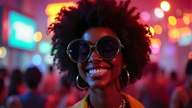 A smiling african american lady in a nightclub, poster for disco party