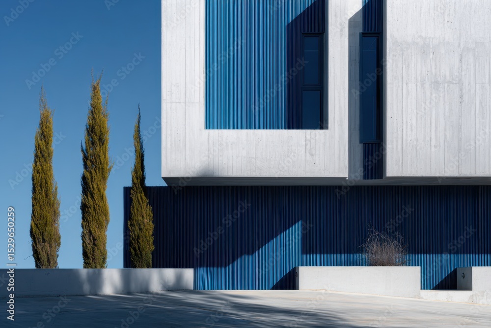 Poster modern concrete building with blue accents and cypress trees under a clear sky, showcasing architect