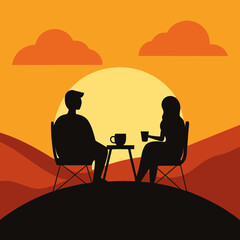 Vector illustration of a couple sitting on a mountaintop drinking coffee.