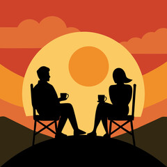 Naklejka premium Vector illustration of a couple sitting on a mountaintop drinking coffee.