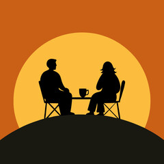 Vector illustration of a couple sitting on a mountaintop drinking coffee.