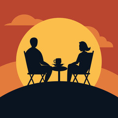 Vector illustration of a couple sitting on a mountaintop drinking coffee.