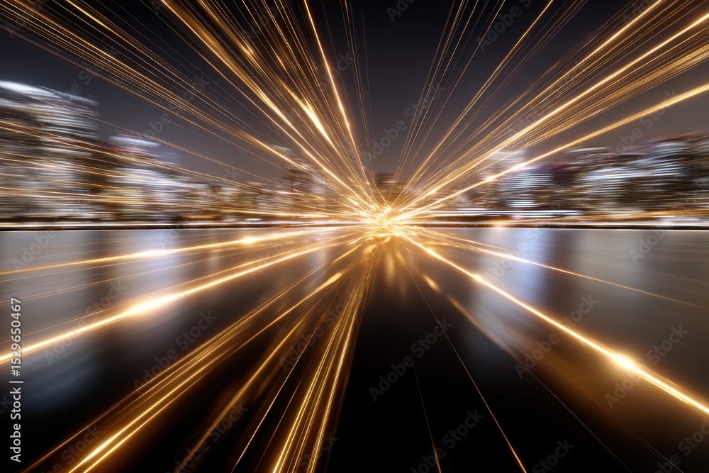 Poster golden light streaks converging over cityscape at night, symbolizing technological innovation and hi