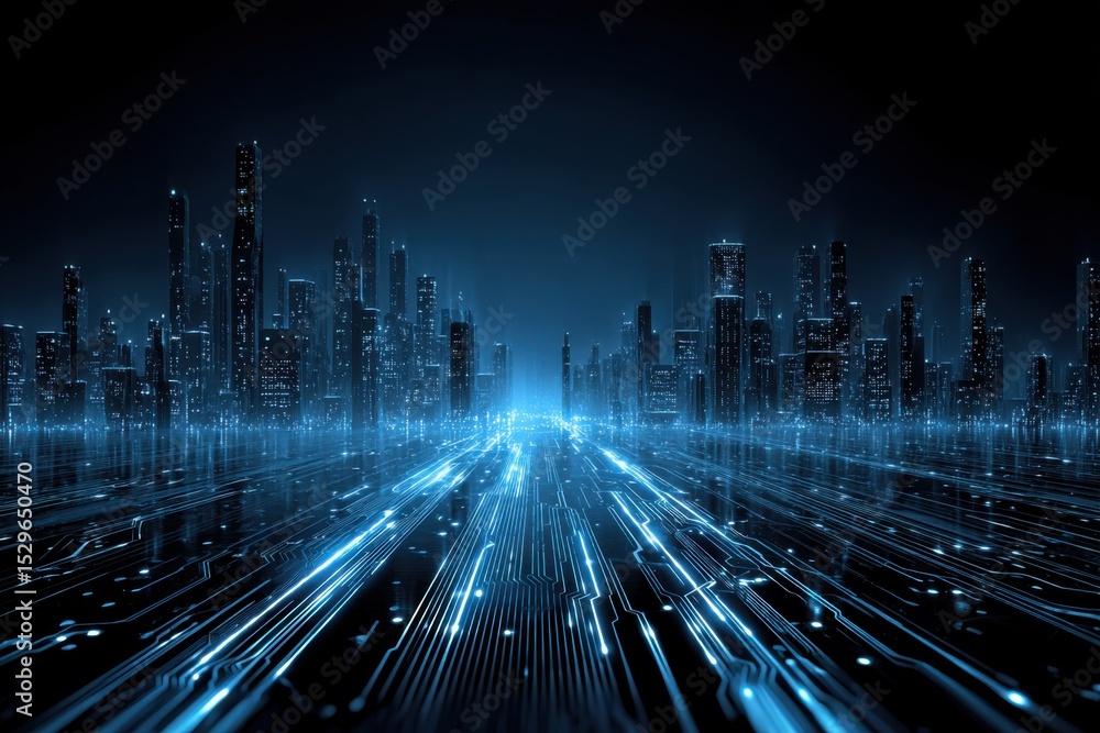 Aufkleber Futuristic Cityscape With Glowing Circuit Board Patterns, Representing Digital Transformation and Technological Advancement in Urban Planning and Infrastructure : Generative AI