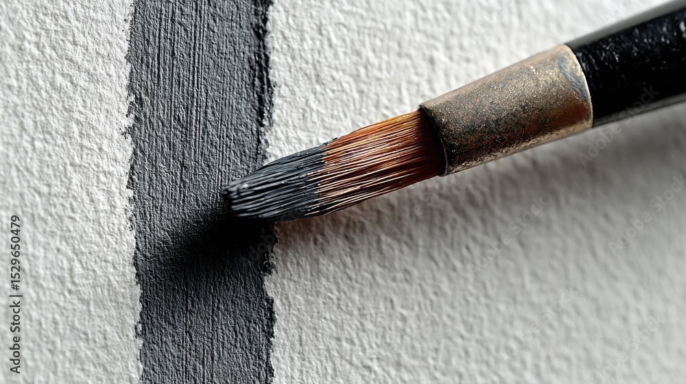Poster paintbrush applying black paint to textured white paper, showcasing artistic expression and creative