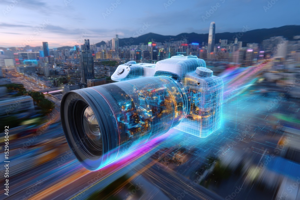 Poster Digital Camera Wireframe Over Futuristic Cityscape at Dusk, Showcasing Technological Innovation and Digital Transformation in Photography : Generative AI