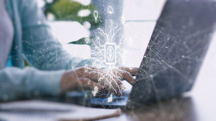 Artificial intelligence technology concept. A person using artificial intelligence technology in daily work, symbolizing the integration of AI into business and modern life.