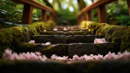 Stone steps covered in moss and fallen blossoms.