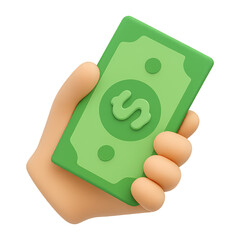 hand holding green dollar 3d render icon isolated on transparent background cutout