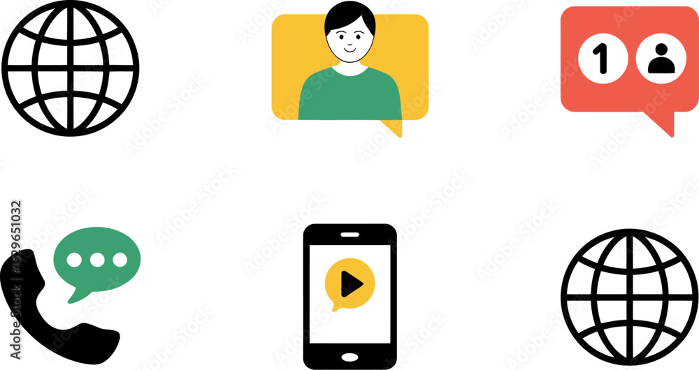Poster icons set for social media communication internet phone call notification and mobile app design vect