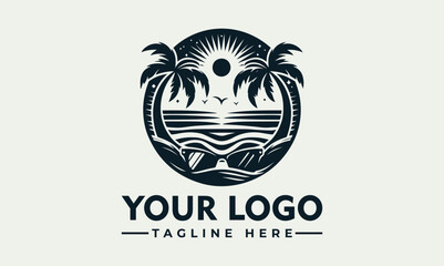 Stylized tropical beach illustration with palm trees, sun, ocean waves, and sunglasses in a circular frame. Summer vacation concept © nuaari