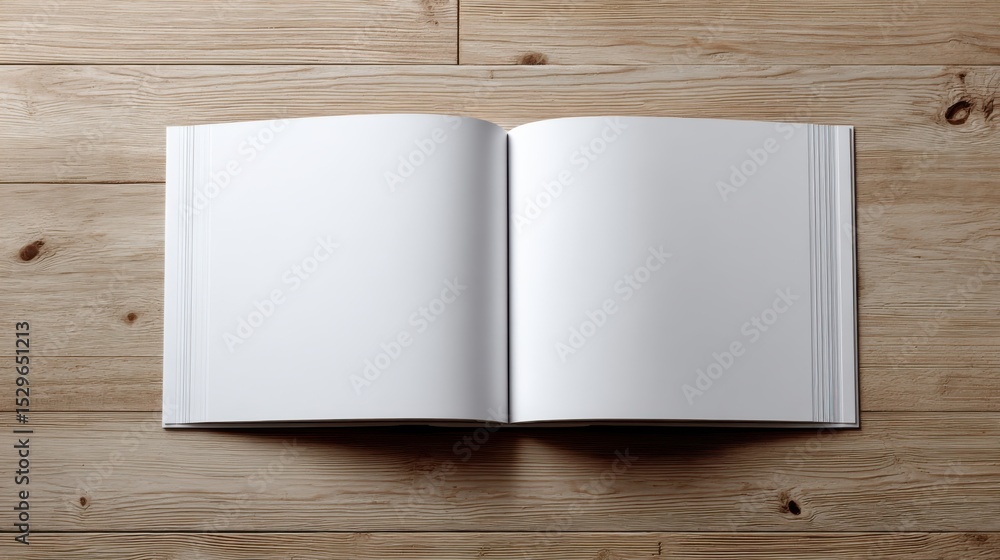 Poster open book with blank pages on wooden table, ideal for mockups and templates for creative writing or 