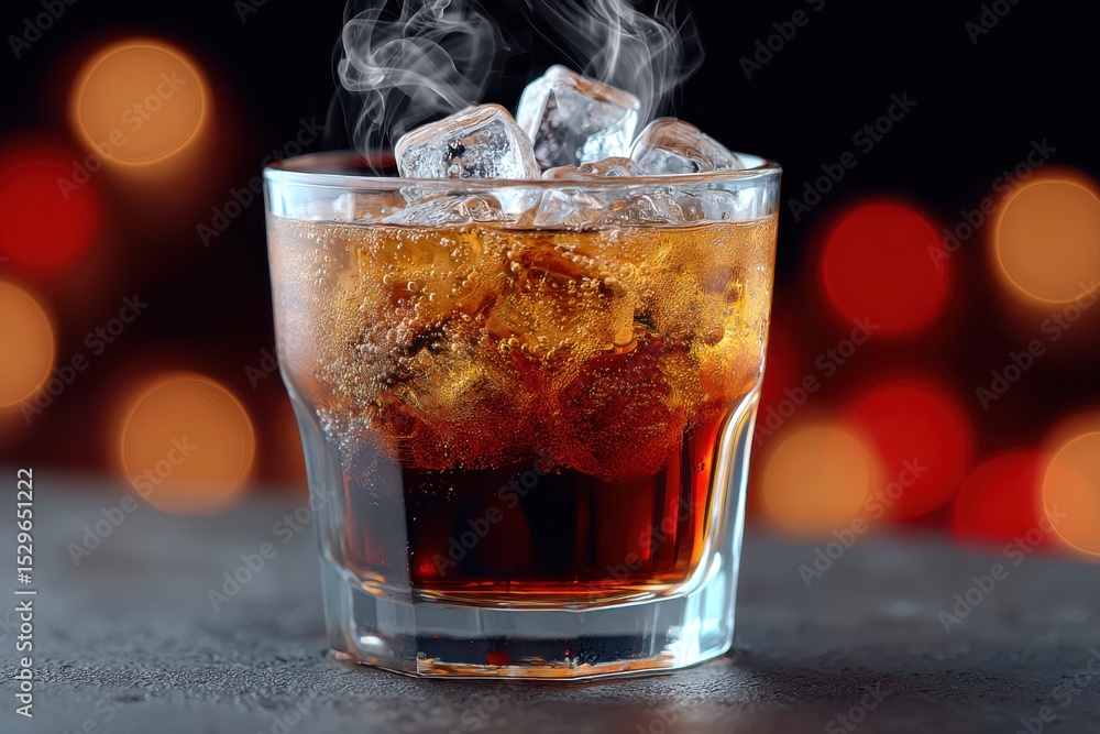 Poster refreshing cola drink with ice cubes and steam, representing summer relaxation and beverage advertis