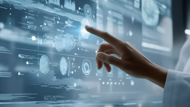 A digital interface featuring data visualizations, data analytics, or a financial trading dashboard. Seamless looping animation of digital glow particles, perfect for background use.
