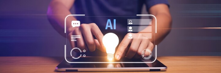 Hands interacting with a digital interface displaying AI technology.