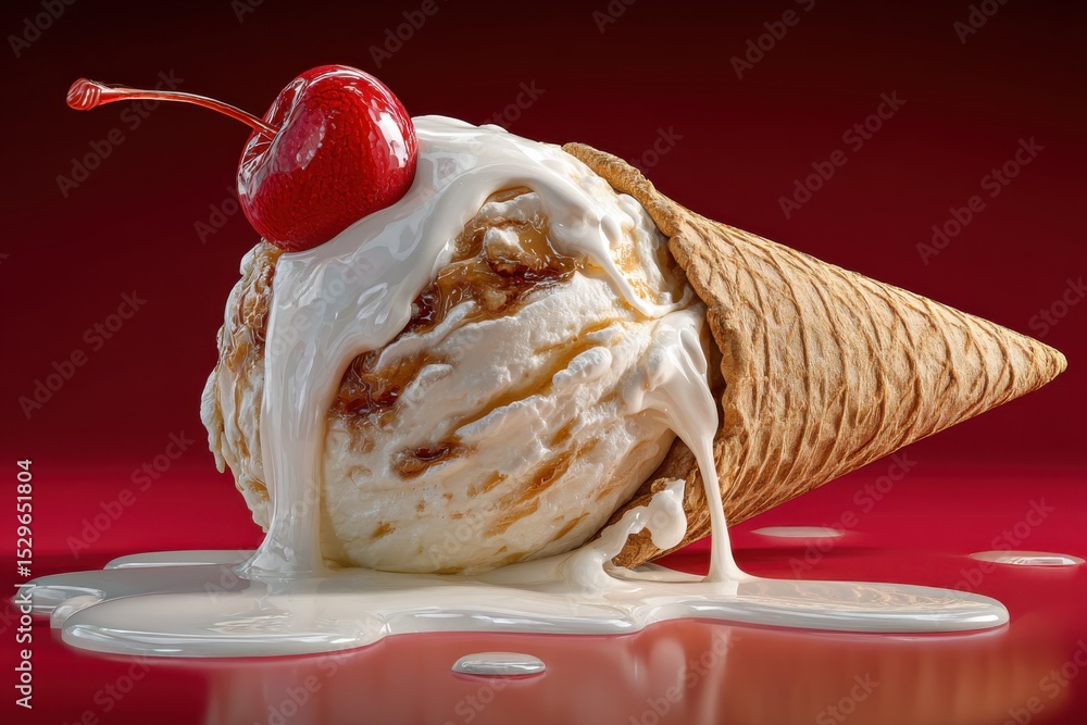 Poster vanilla ice cream cone meltdown with cherry topping on red background, representing indulgence and s