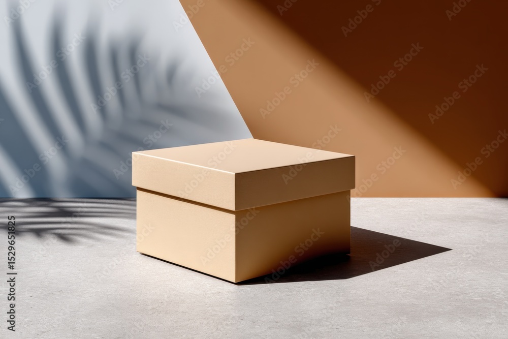 Poster Beige Box on Concrete Surface with Palm Leaf Shadow, Representing Minimalist Design and Product Packaging Solution : Generative AI