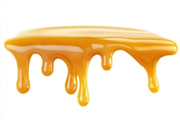 Caramel Isolate. Drops of sweet yellow honey on a white isolated background. Tasty caramel sauce dripping isolated on white background, closeup. Sweet liquid syrup splashing. Melted caramel pouring.