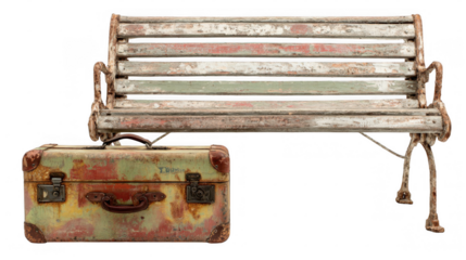 Forgotten rusty suitcase beside old wooden bench with peeling paint on a transparent background, evoking a sense of abandonment and nostalgia