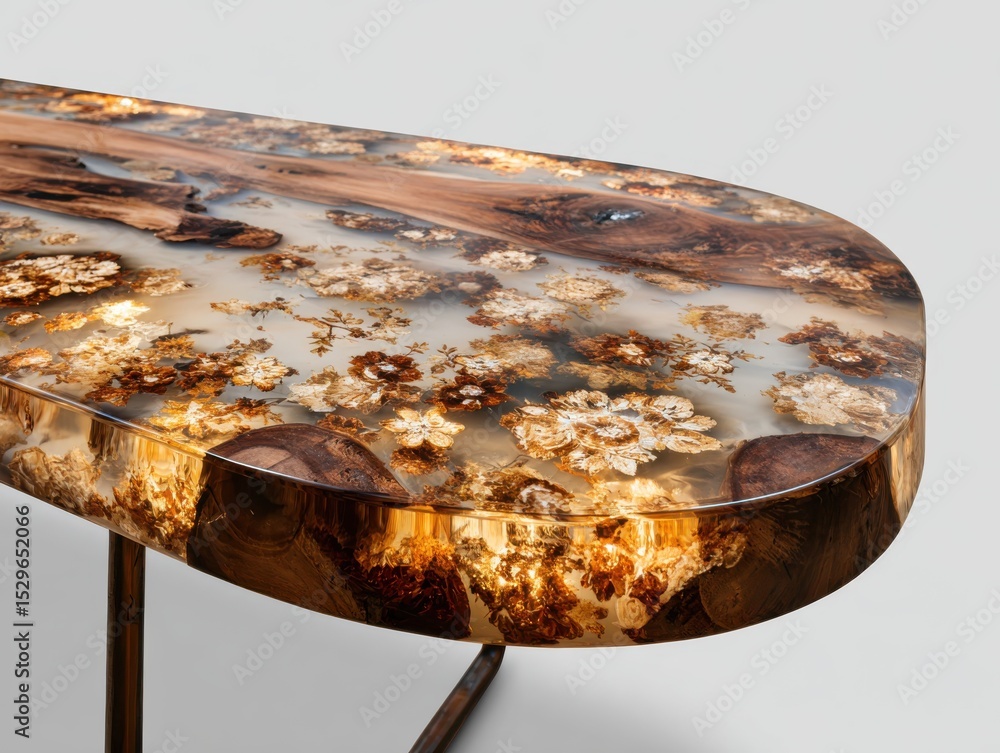 Poster epoxy resin table with embedded wood and gold leaf, showcasing craftsmanship and interior design tre
