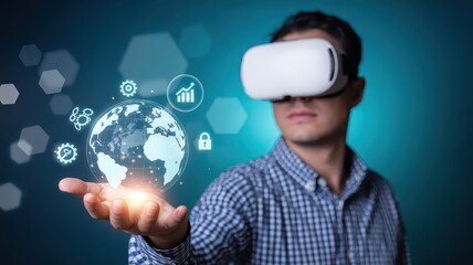 Person holding a holographic globe in a virtual reality headset.