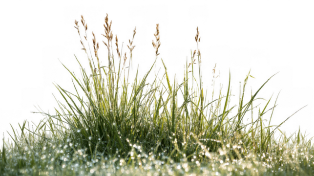 Dew covered grass glistens in the early morning sunlight, creating a beautiful and refreshing scene with transparent background, perfect for nature themed projects
