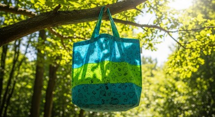 Eco-Friendly Tote Bag in Nature - Sustainable shopping, reusable bag, nature backdrop, vibrant colors, eco-conscious lifestyle