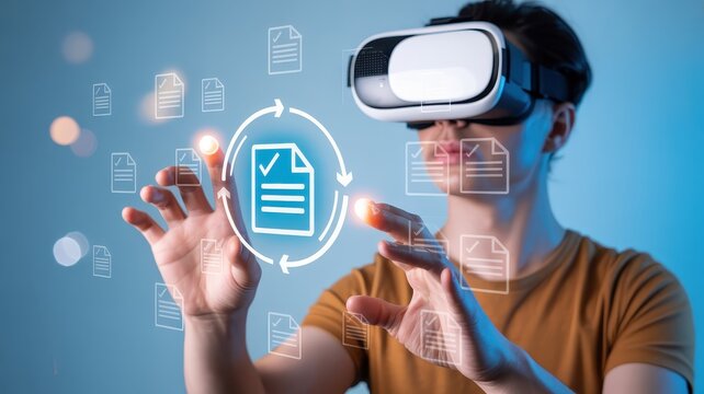 Person wearing vr headset interacting with digital documents.