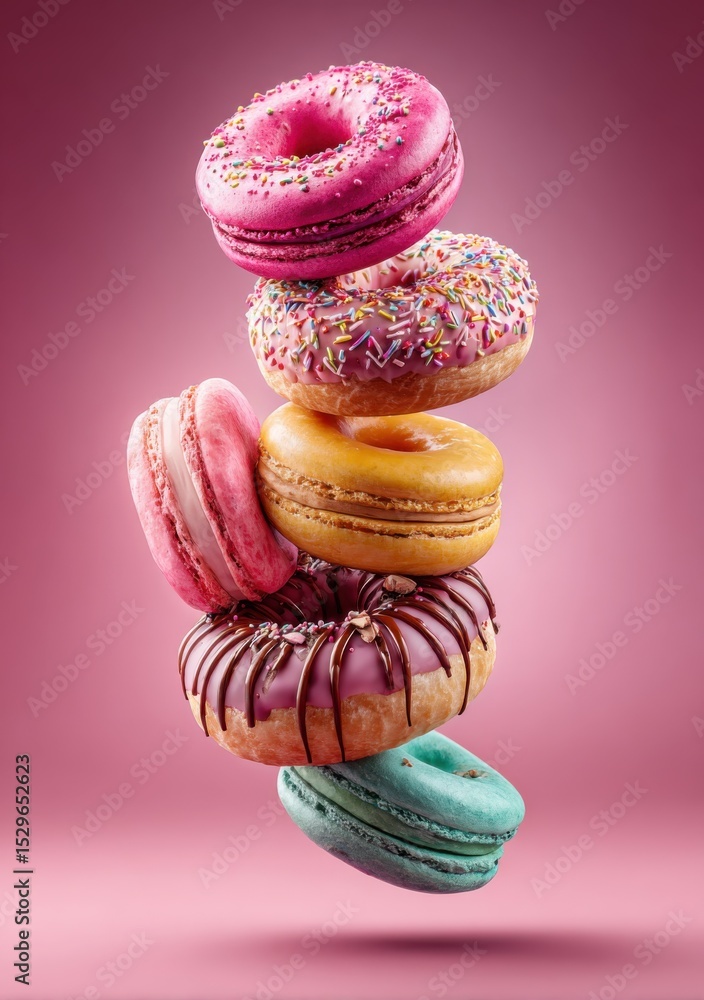 Poster stack of colorful donuts and macarons against pink backdrop, symbolizing indulgence and sweet tempta