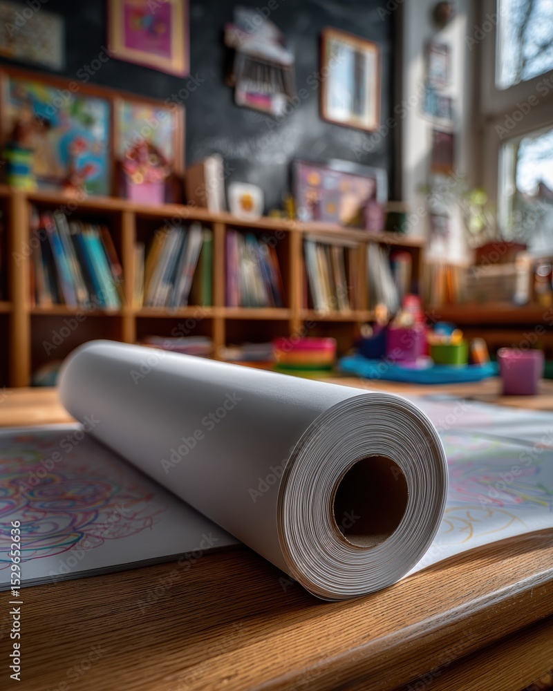 Poster roll of paper on wooden table in art studio, representing creative expression and childhood educatio