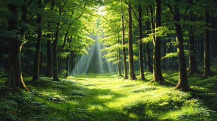 Fototapeta premium Sunlit Forest Path Lush Green Trees Nature