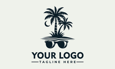 Stylized tropical beach illustration with palm trees, sun, ocean waves, and sunglasses in a circular frame. Summer vacation concept