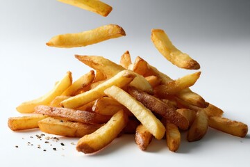 Pile of Golden French Fries Falling on White Background, Representing Indulgence and Fast Food Advertising : Generative AI