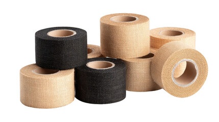 Reusable face tapes rolls in black and beige colors for lifting and supporting skin, isolated on transparent background, creating a professional and convenient beauty solution