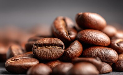 Close Up of Roasted Coffee Beans on Dark Surface, Symbolizing Morning Energy and Coffee Shop Business : Generative AI