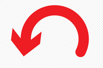 A simple, red, curved arrow pointing to the right and down on a white background. Direction symbol. Vector illustration. eps 10 