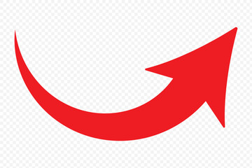 A simple, red, curved arrow pointing to the right and down on a white background. Direction symbol. Vector illustration. eps 10 