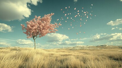 Pink tree blossoms blow in desert wind, spring