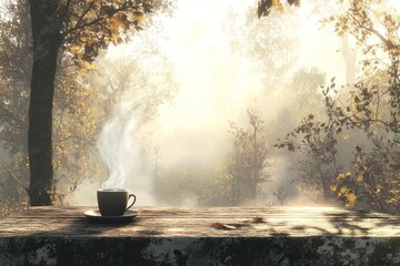 A steaming cup of coffee on an old wooden table, overlooking the beautiful forest landscape