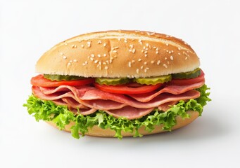 Ham sandwich with lettuce tomatoes and pickles