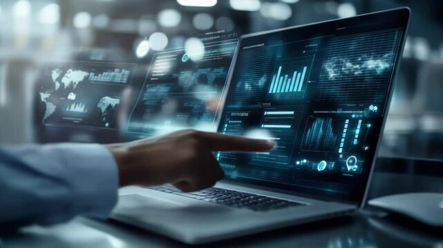 Seamless looping animation of digital glow particles, perfect for background use. A digital interface featuring data visualizations, data analytics, or a financial trading dashboard.