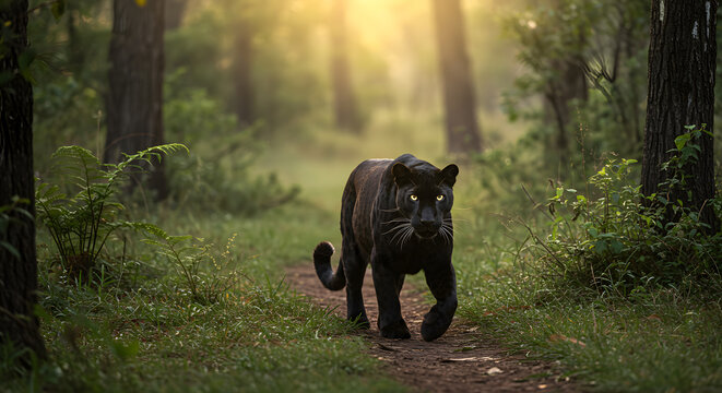 Majestic Black Panther Walking Through Misty Forest Path at Sunrise