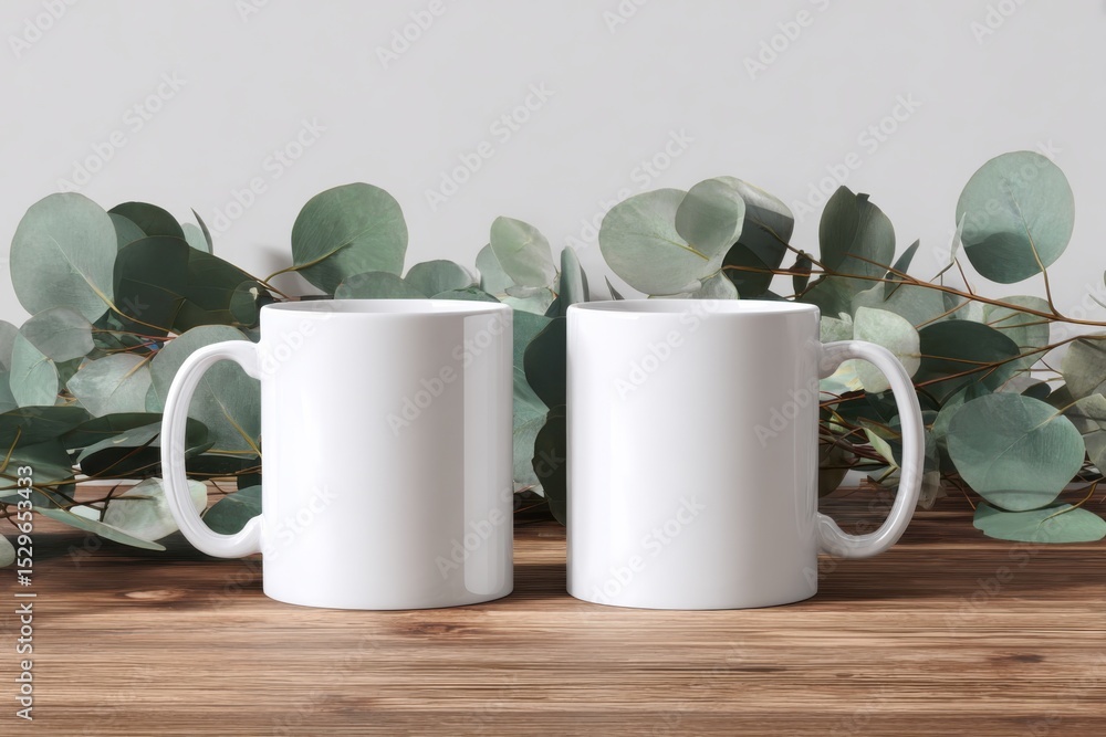 Aufkleber Two White Mugs on Wooden Table with Eucalyptus, Ideal for Product Mockups and Branding, Showcasing Simplicity and Minimalist Lifestyle : Generative AI