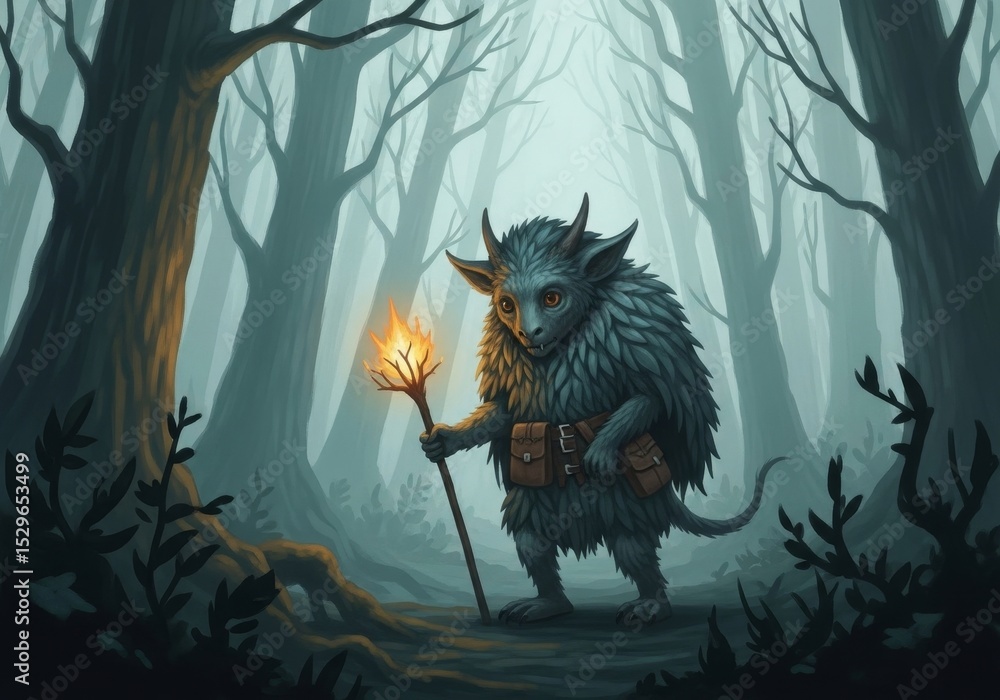 Poster forest sprite with torch - a small, furry creature with horns carries a burning torch through a mist