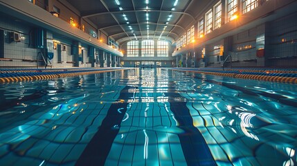 The serene indoor swimming pool shines under warm lights, creating a tranquil space ideal for relaxation and fitness, reflecting water's calming nature and leisure.