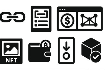 Blockchain UI Icons. Solid style icons of blockchain UI: chain layout, ledger screen, token UI, distributed interface. Solid style
