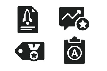 Mission Feedback Icons. Solid style icons of mission feedback: flight report, review chart, post-mission tag, performance grade.