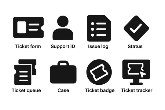 Solid Ticket Icons. Solid style icons of ticketing systems: ticket form, support ID, issue log, status tag. Solid style of ticket