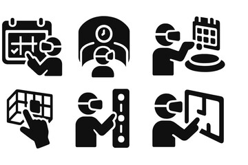 VR Time Management Tools. Solid style icons of VR time tools: immersive calendar, time room, task dashboard, 3D scheduler. Solid